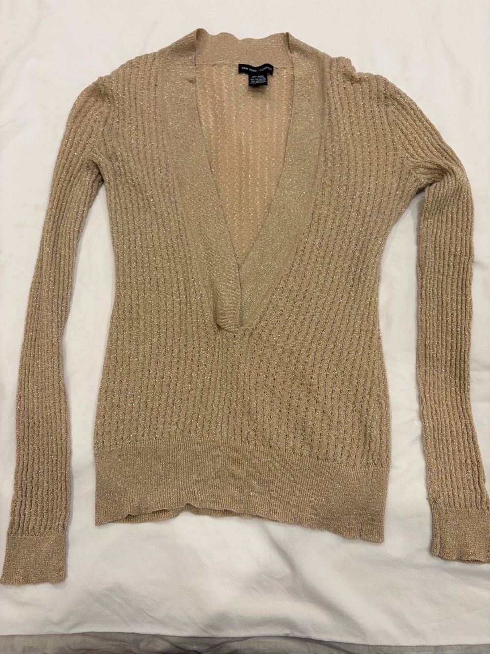 New York & Company Shimmery Deep V-Neck Sweater in Beige/gold medium